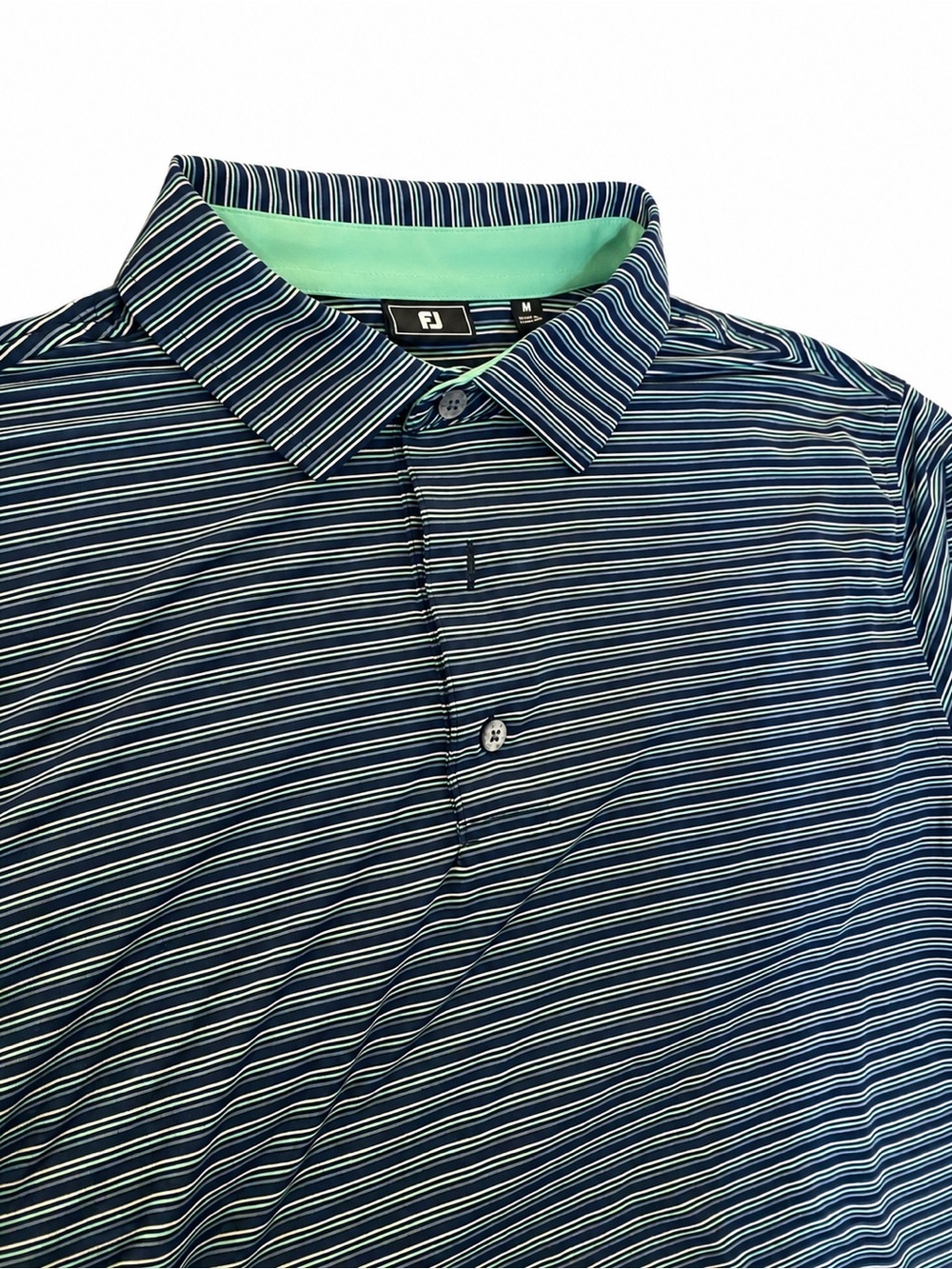 FootJoy Navy Striped Polo with Mint Collar Accent Men’s Size Medium